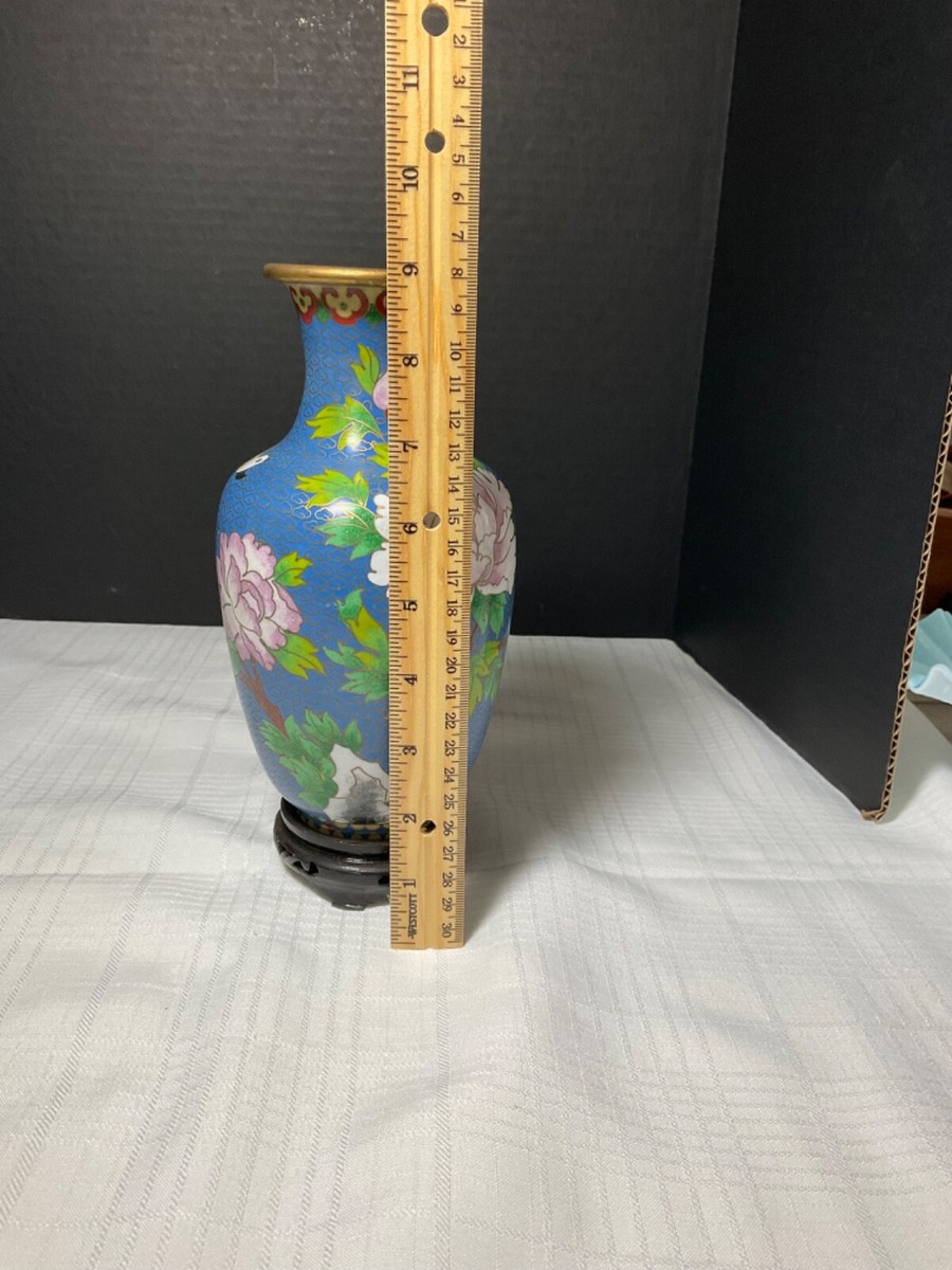 Vintage 8” Chinese Cloisonne Vase Blue Floral Bird Brass Enamel