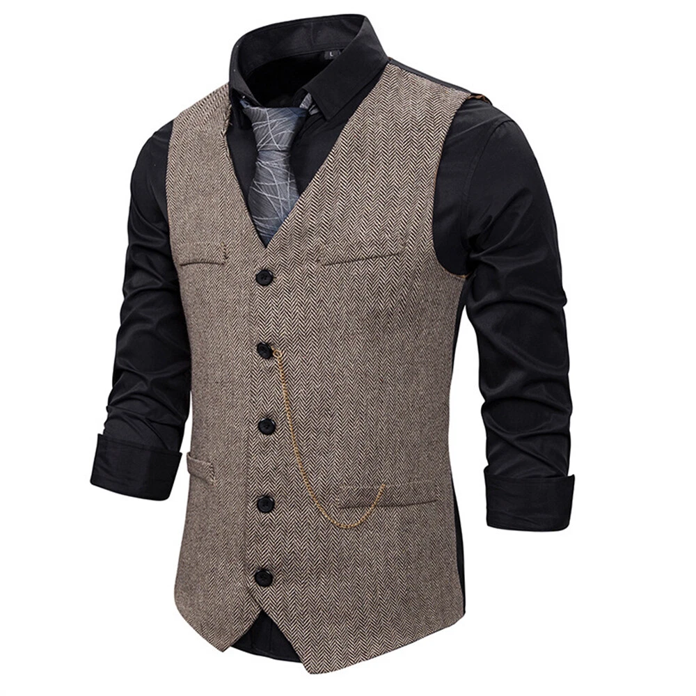 Men's Tweed Lapel Waistcoat Retro Formal Herringbone Vest Sleeveless Slim Jacket