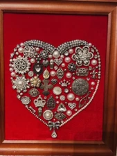 Baubles And Bling Vintage Costume Jewelry Art Framed Red Velvet Heart Collage