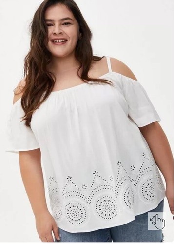 Torrid Women's White Challis Eyelet Embroidery Border Cold Shoulder Blouse Top