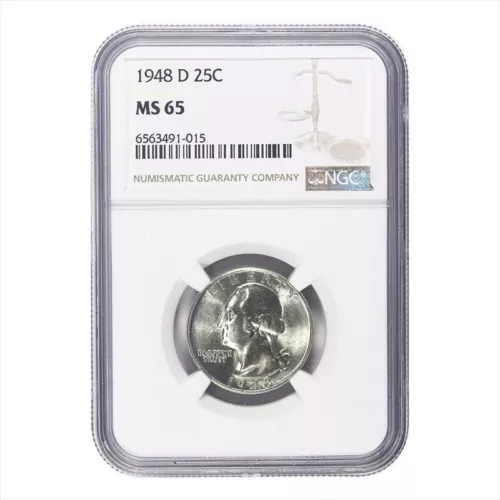 1948 D WASHINGTON QUARTER NGC CERTIFIED MS65 DEEP FROSTY WHITE
