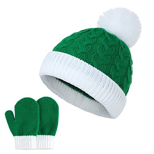 Cappelli neonato lavorati a maglia morbidi neonato bambini cappello invernale pompelmo 3-8 anni verde e bianco - Foto 1 di 7