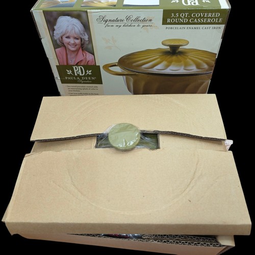PAULA DEEN Casserole Olive Green Enamel Cast Iron Baker + Lid Dutch Oven NEW - Picture 2 of 12