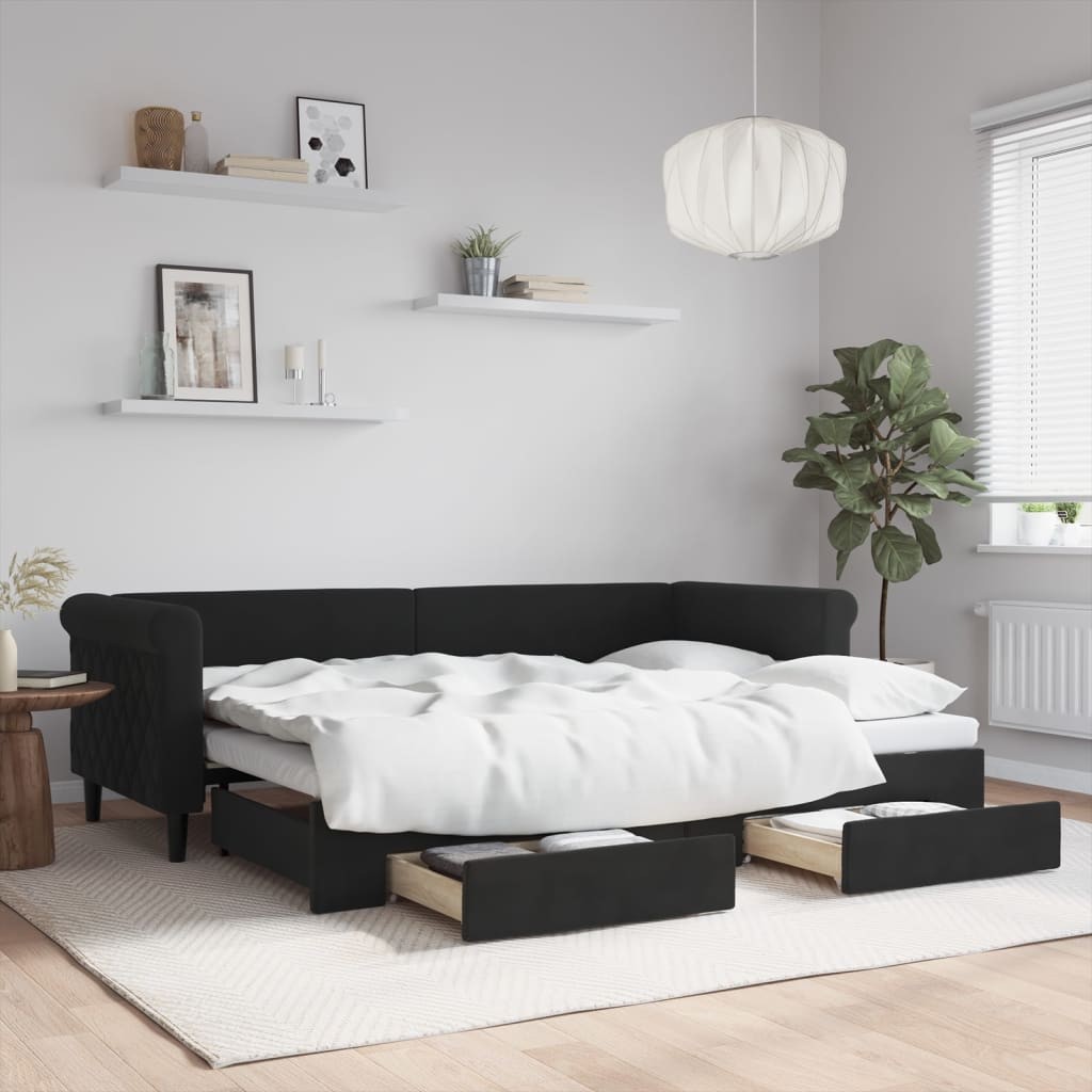 Divano Letto Estraibile con Cassetti Nero 80x200 cm in Velluto 2805559
