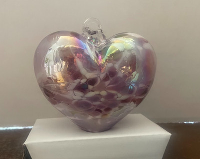 Blown Glass Christmas Ornament Heart 3 inches Friendship Purple White