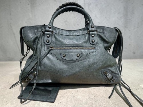 BALENCIAGA The City 2way Handbag Shoulder Bag Leather Dark Green Used #YH