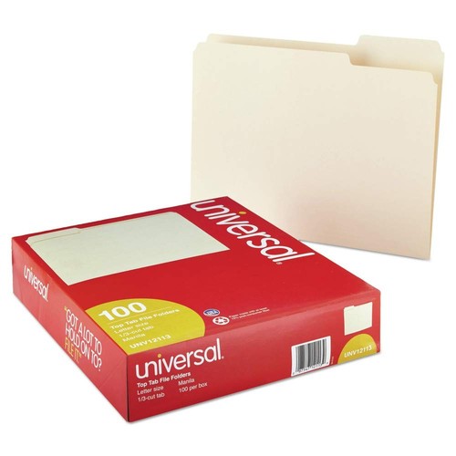 UNV12113EE 1/3-Cut Assorted Top Tab File Folders - Letter Size, Manila (100/Box)