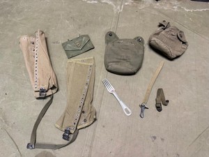 ORIGINAL WWII US ARMY INFANTRY GEAR LOT, LEGGINS, CANTEEN COVER, FORK KIT LOT