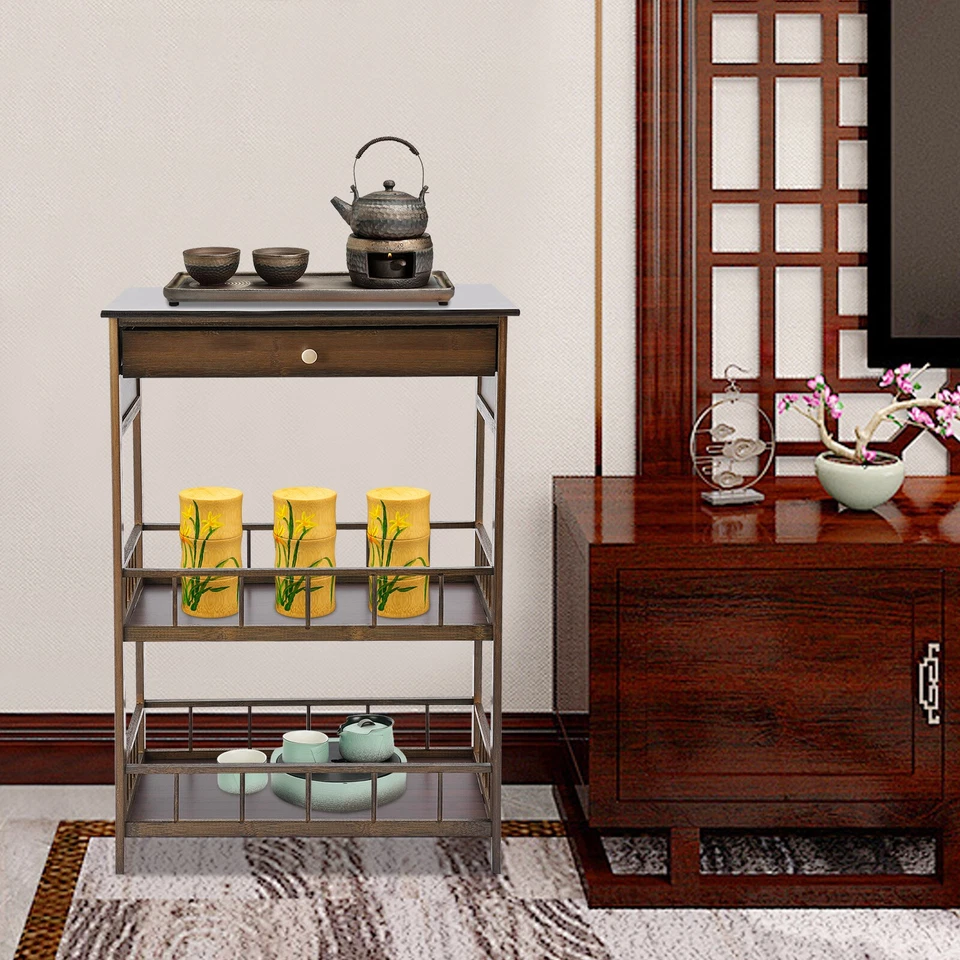 3 Tiers Side Table Side Table with Storage Drawer Bamboo End Table Tea Table - Image 2 of 4