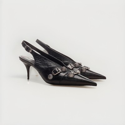 BALENCIAGA Womens Black Cagole Slingback Pumps Lambskin Leather 37 NIB