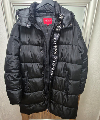 GUESS Los Angeles Mens Black Hooded Full Zip Insulated Puffer,XL Detachable Hood