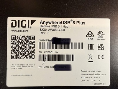 Digi AnywhereUSB  8 Plus AW08-G300 Remote USB 3.1 Hub 8-Port SFP+