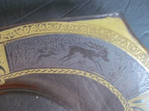 VTG pink depression gold gilt handled platter w/ deer /elk in the forest