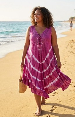Women's Tie Dye Boho Red Rose Embroidered Sundress 1X Casual Beach Dress