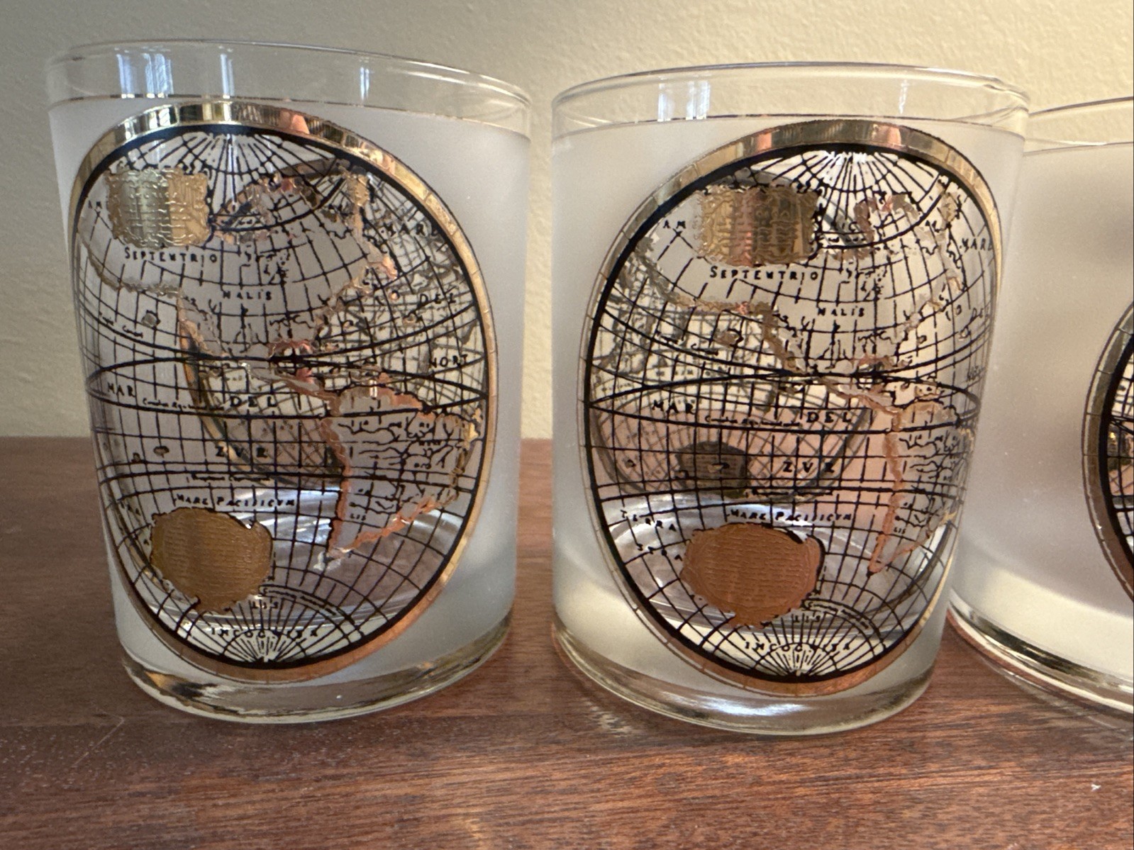 4 VINTAGE Culver 22K Globe ORBIS GEOGRAPHICA Gold Double Old Fashion Glasses box