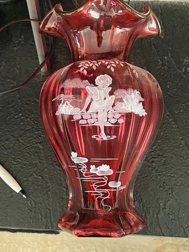 Fenton Hand Painted Flowers Cranberry Red Glass Vase Bowl Dish SIGNED 183/1500