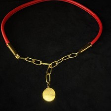 Vintage 1980s red leather gold chain belt thin narrow boho glam medallion bright