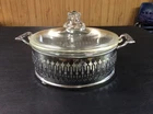 Glasbake 216 Clear Glass 2 Quart Bowl with Pyrex 623C Lid & Metal Serving Stand