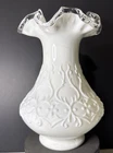 Vtg FENTON Silver Crest Spanish Lace White Milk Glass Ruffle Edge VASE 8" Tall