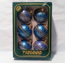 Visions By Holly Glass Christmas Ornaments 4 Blue 2 Periwinkle+Gold in Box VTG