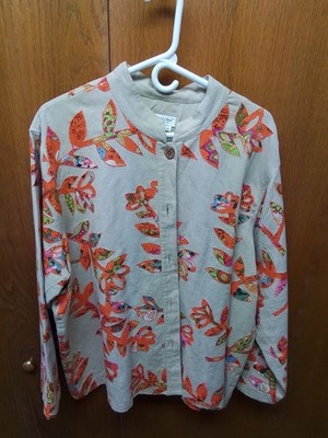 Coldwater Creek Beige Linen Blend Button Front Jacket Orange Flower Print 3XL