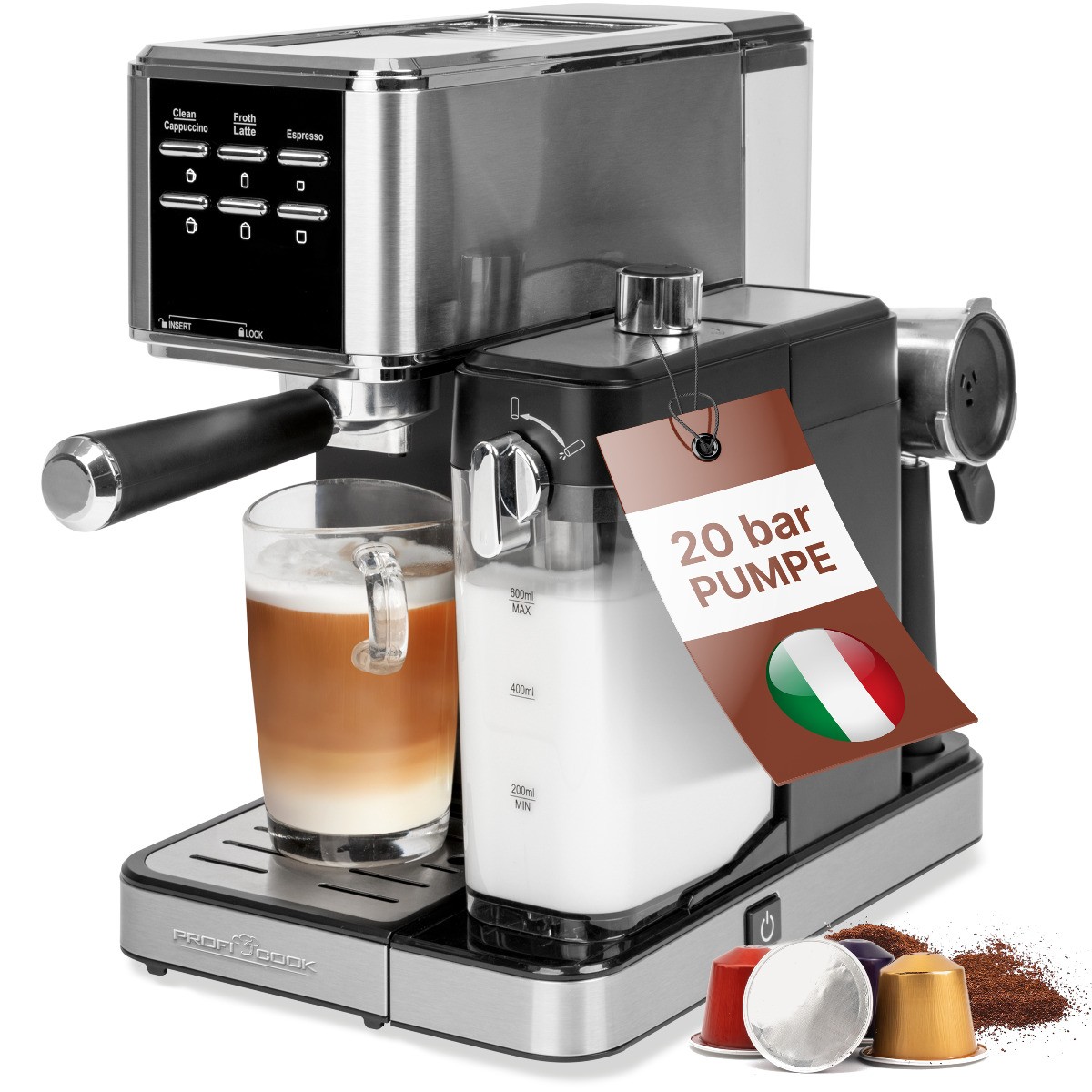 ProfiCook Espresso-Kaffeemaschine mit Milchschäumfunktion PC-ES-KA 1266, NEU