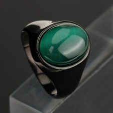 Oval Green Tiger Eye Stone Ring Stainless Steel Fashion Black Wedding Ring Biker