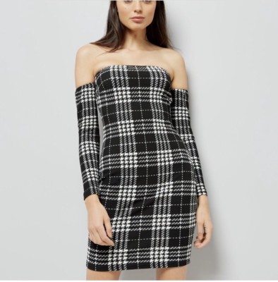 New Persian Black & White Check Bardot Neck Bodycon Dress Size 8 | eBay