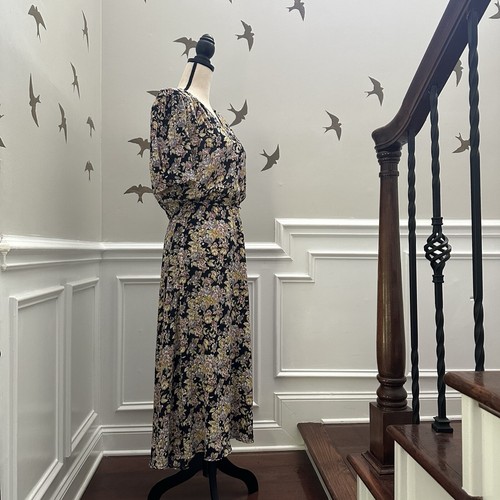 Vintage Leslie Fay Dress Women 8 Black Floral 90s Button Down Short Sleeve Maxi - 第 2/13 張圖片