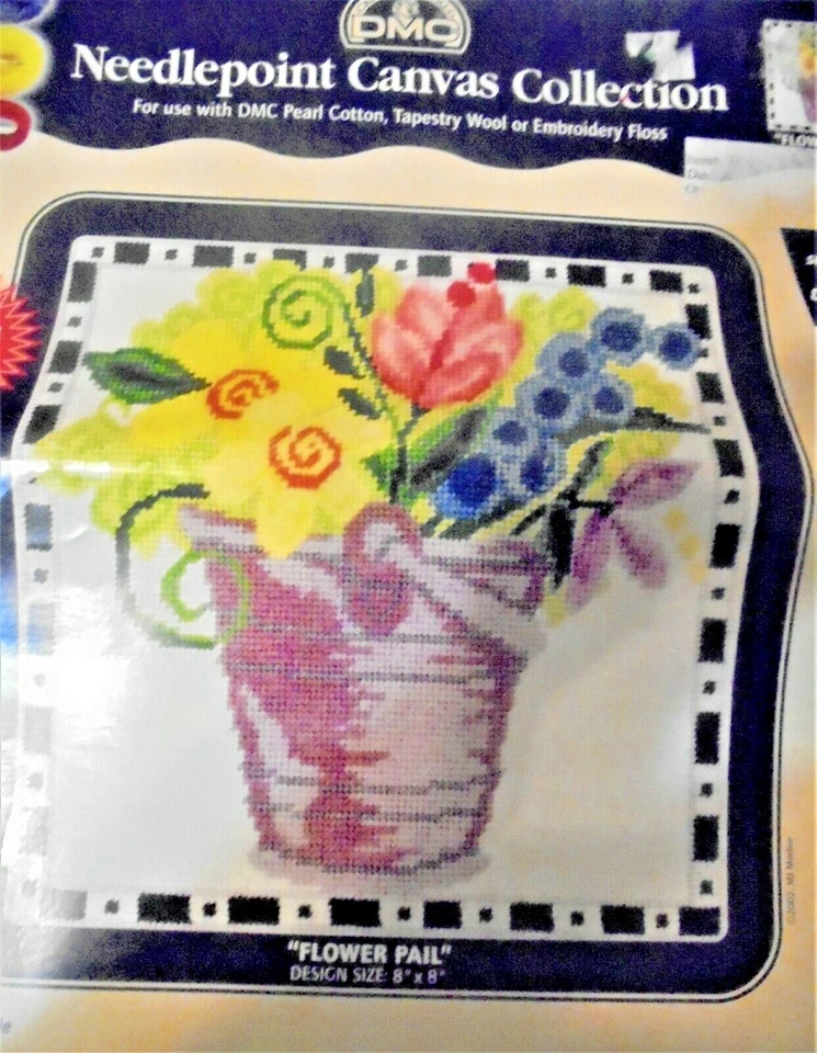 "FLOWER PAIL" Needlepoint Printed Canvas, 8" x 8", DMC Color Selections-NEW - Image 2 of 3