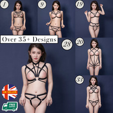 Sexy Women Lingerie Set Hollow Cupless Strappy Harness Cage Black Bra Belt Strap