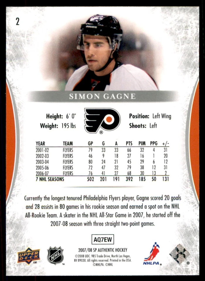 2007-08 SP Authentic Simon Gagne #2 - Image 2 of 2