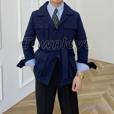 Men Vintage Safari Jacket Belt Outwear Overcoat Britain Jacket Multiple Pockets