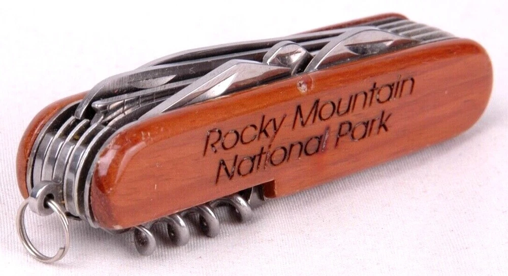Multi Tool 3 1/2" Pocket Knife Engraved Rocky Mountain National Park Wood Handle
