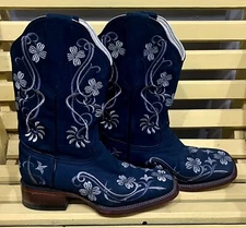 El Patron Navy Blue Leather Western Boots Embroidered Square Toe. Size 7 (24).
