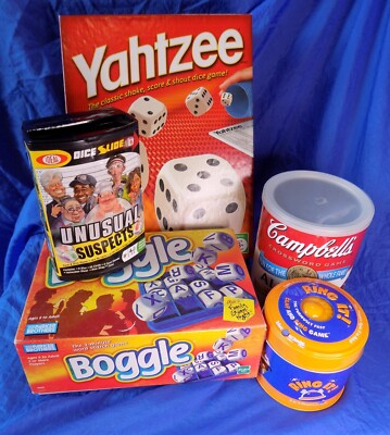 Board Game Lot w/ Yahtzee Boggle RING IT Campbells Dice Game UNUSUAL SUSPECTS x5