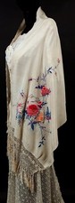 ANTIQUE BEAUTIFUL POLYCHROME EMBROIDERED SILK SHAWL W BUTTERFLY  FLORAL DETAIL