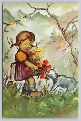 Postcard Alfred Mainzer LITTLE FOLKS 676 Little Girl's Dog Eats Her Flowers