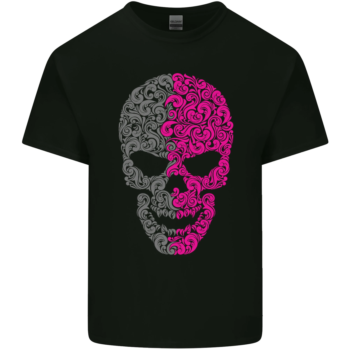 Pink and Grey Skull Pattern Gothic Biker Mens Cotton T-Shirt Tee