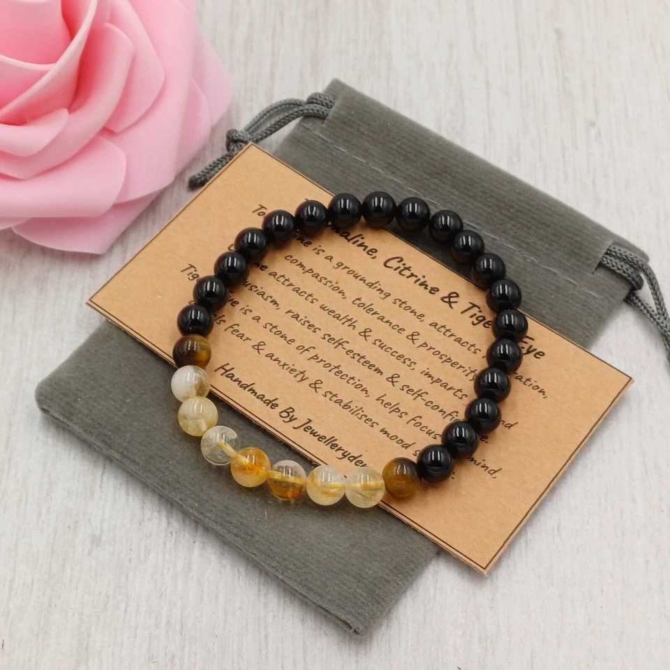 Pulsera hecha a mano con piedras preciosas curativas de cristal de turmalina, ojo de tigre y citrino Foto 4 de 4