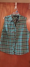 NWT JENNIFER LAUREN PLUS SLEEVELESS BUTTON UP PLAID SHIRT/TOP TEAL BLACK & WHITE