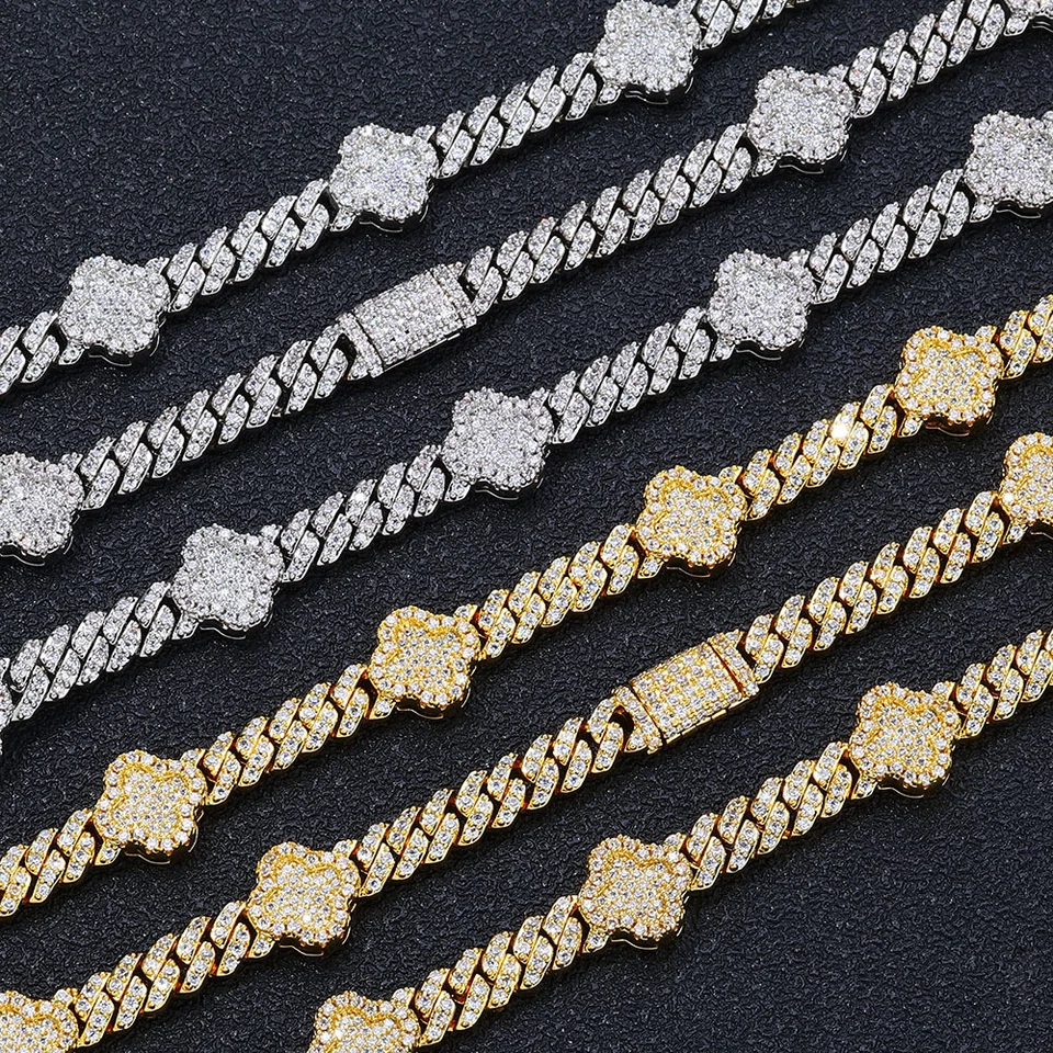 Cadena de eslabones cubanos Miami trébol de cuatro hojas chapado en oro helado acero inoxidable 6 mm Foto 2 de 4