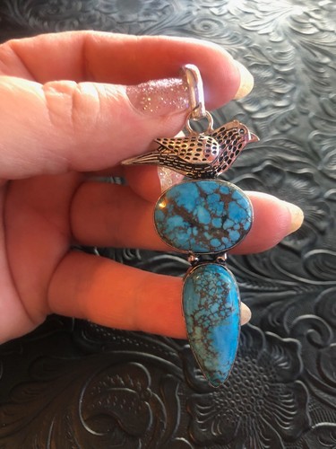 Bluebird Turquoise Pendant Shadow Bezel 2.75" Artisan Southwest