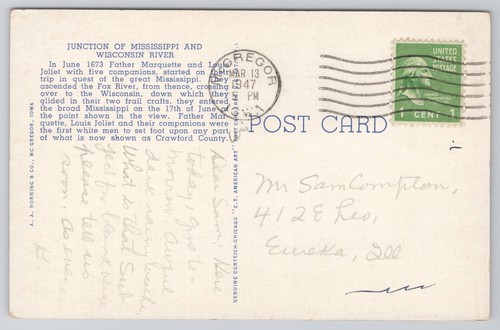 Junction of Mississippi and Wisconsin Rivers McGregor Iowa IA 1940s Postcard - Picture 2 of 2