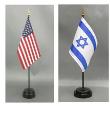 Made in The USA--1 American and 1 Israel Rayon 4"x6" Desk Flags & two bases