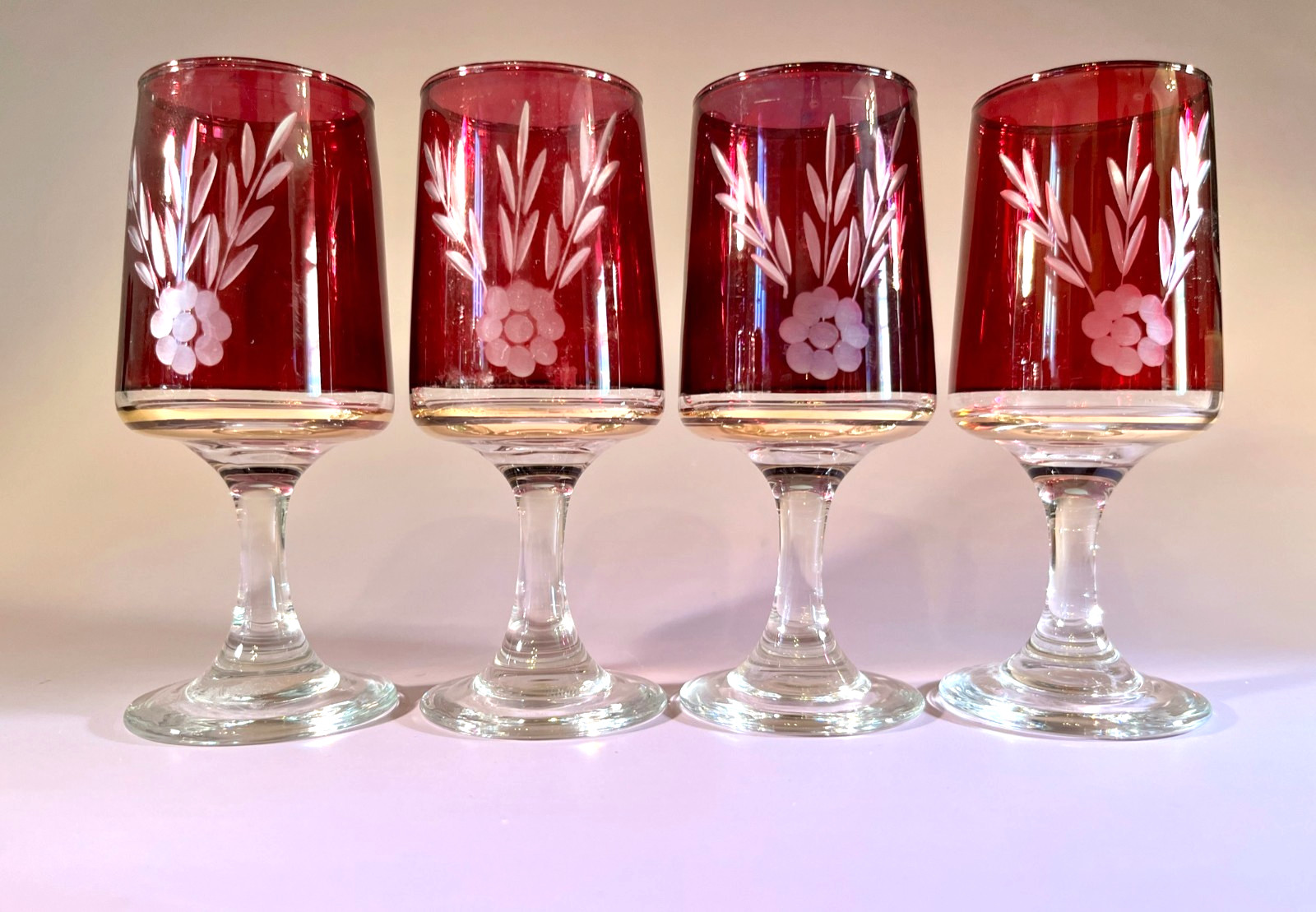 Set of 4 Vintage Ruby Red Etched Stemmed Glasses Floral Drinking Glasses image 2
