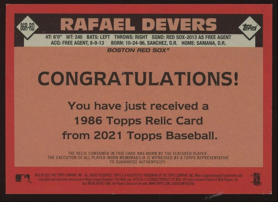 Rafael Devers #86R-RD 2021 Topps 1986 Relic Gold Boston Red Sox Patch SP /50 - Image 2 of 3