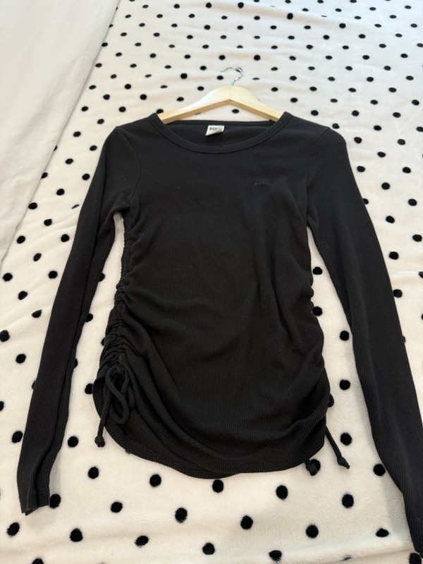 PINK Victoria's Secret Waffle Knit Top Black Ruched Tie Sides Women's Size M