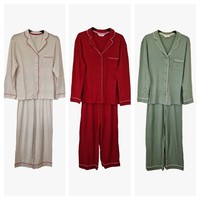Ex M&S PJ set Pyjamas Ladies Womans Red Green Cream XS-XL NEW Cotton Modal