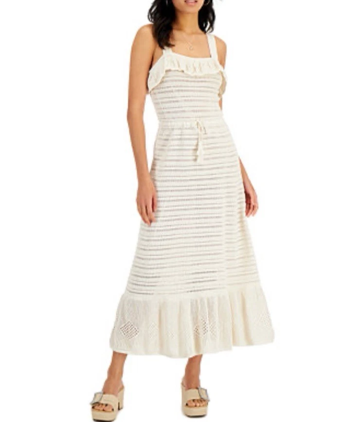 Vestido midi tejido a ganchillo INC XL crema con volantes ribete de malla forrado boho playa vacaciones Foto 2 de 4